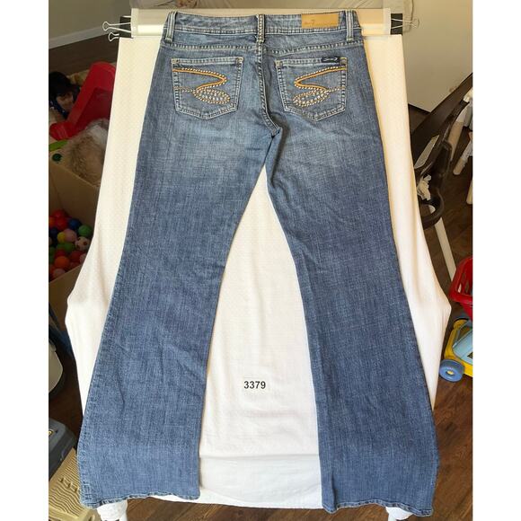 Seven 7 Women Flared Jeans size 30 Blue Low Rise Stretch Beaded - Picture 12 of 12